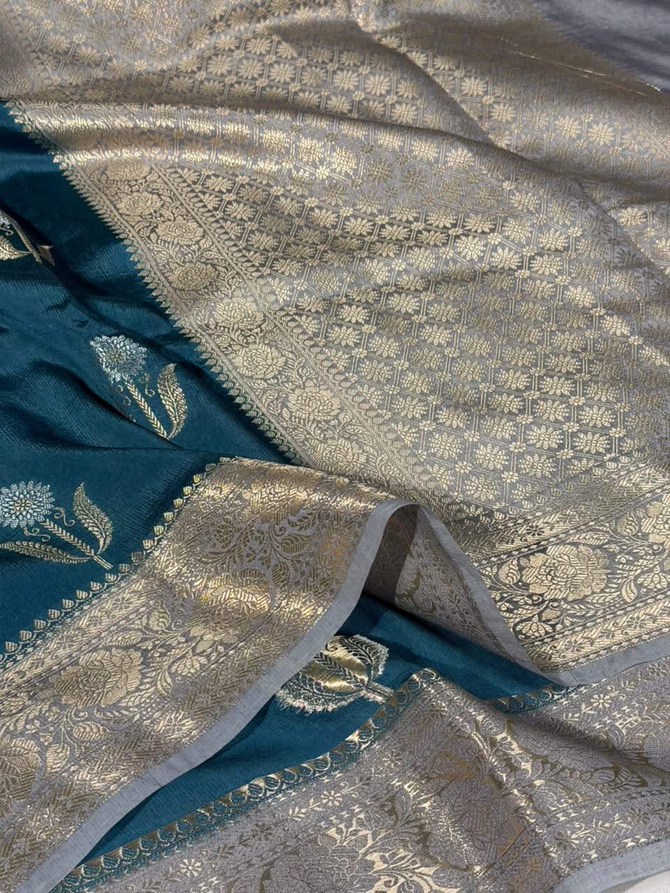 Powder Blue Premium Georgette Silk Banarasi Saree