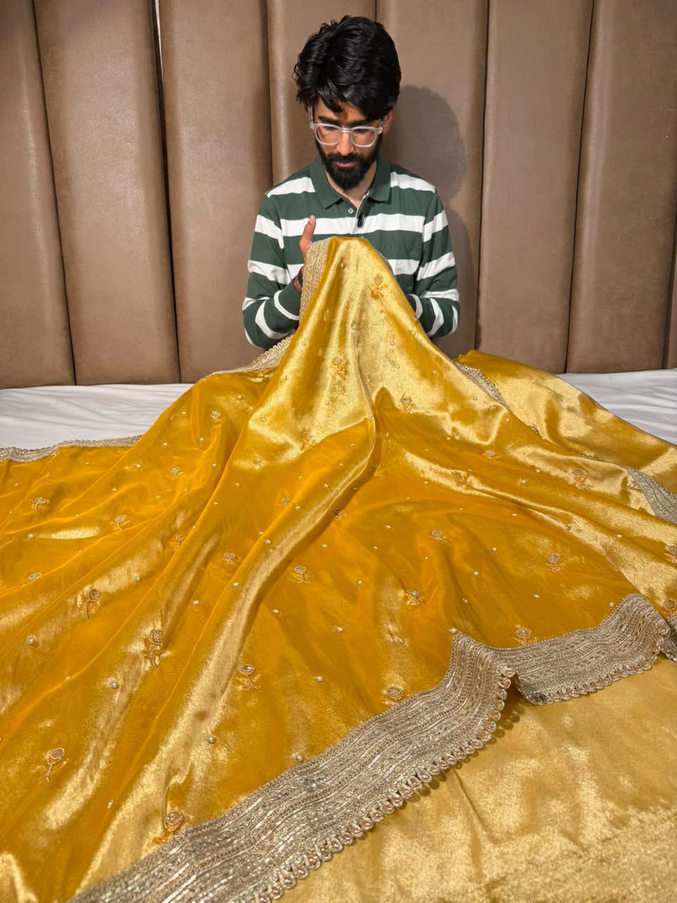 Bright Yellow Tissue Silk Premium Handwork Saree