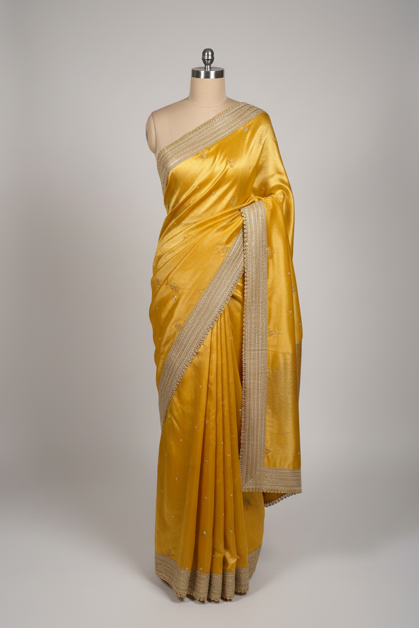 Bright Yellow Tissue Silk Premium Handwork Saree