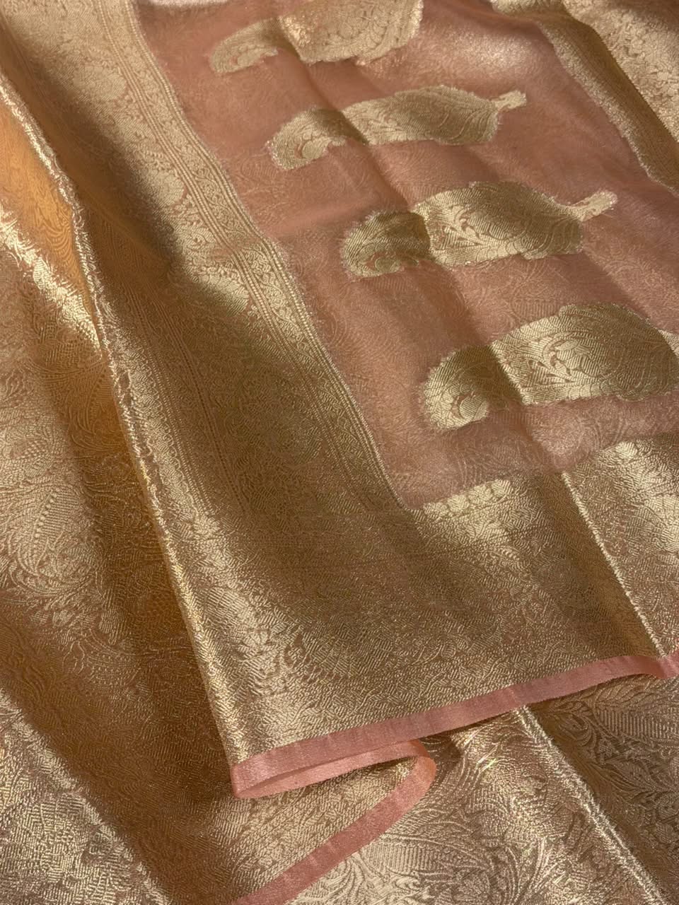 Bright Peach Brocade Tissue Silk Banarasi Saree