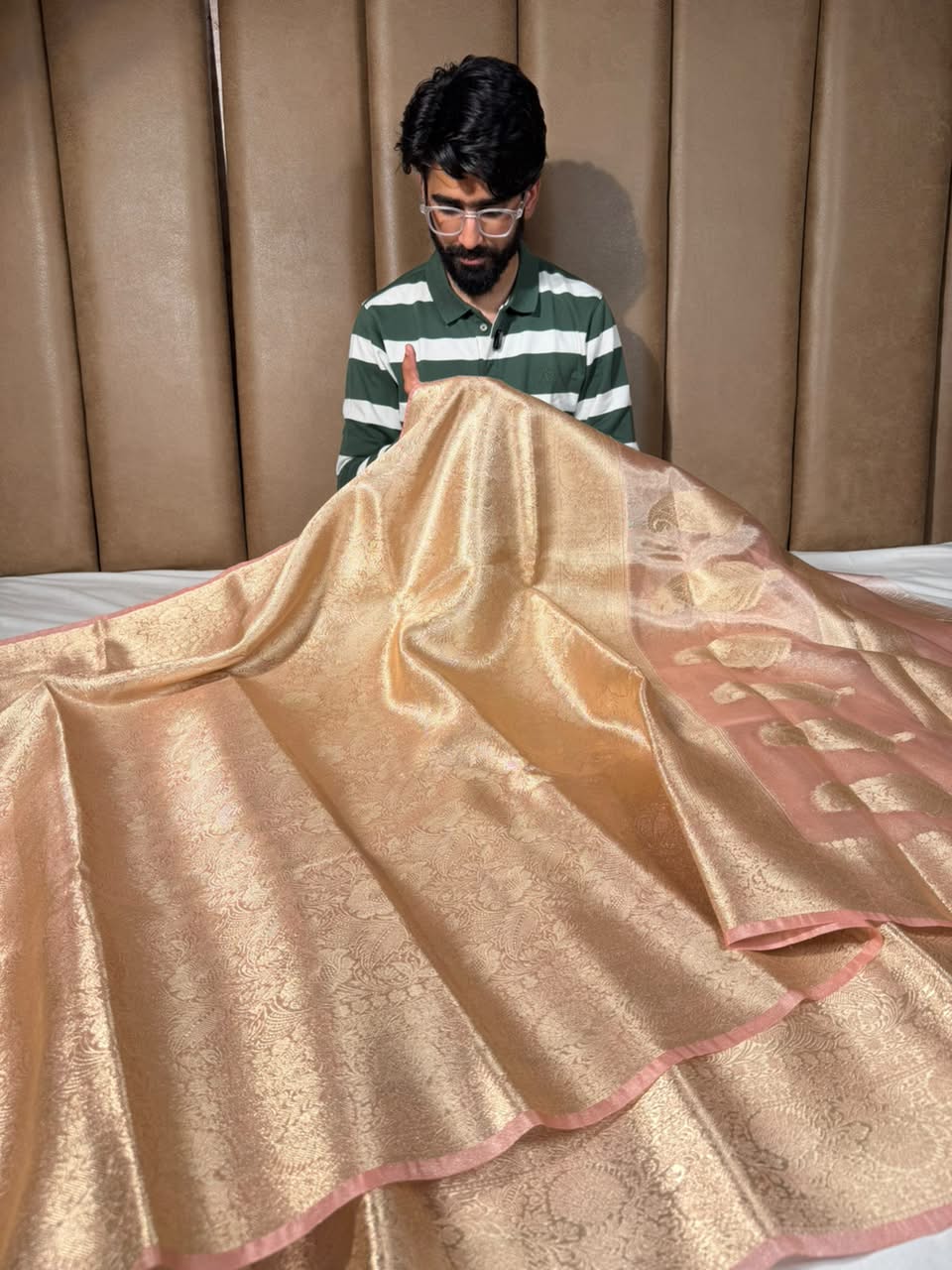 Bright Peach Brocade Tissue Silk Banarasi Saree