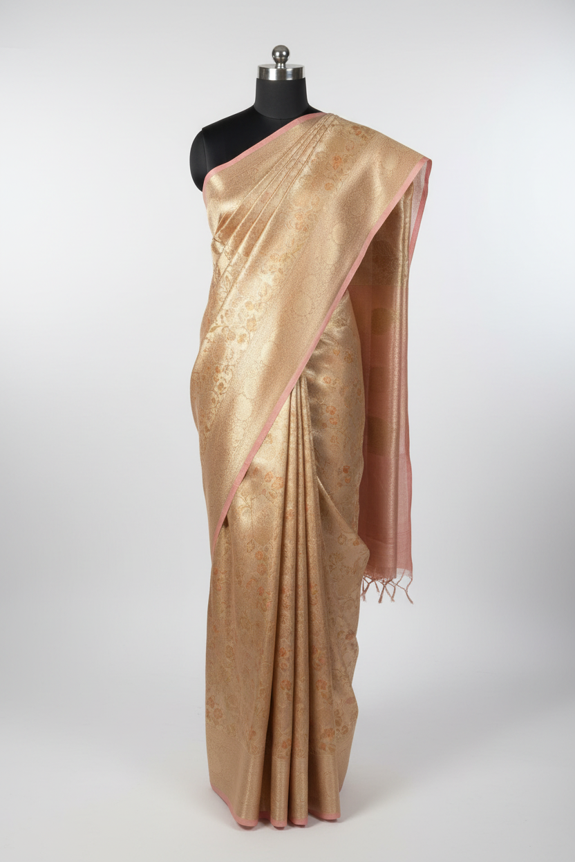Bright Peach Brocade Tissue Silk Banarasi Saree