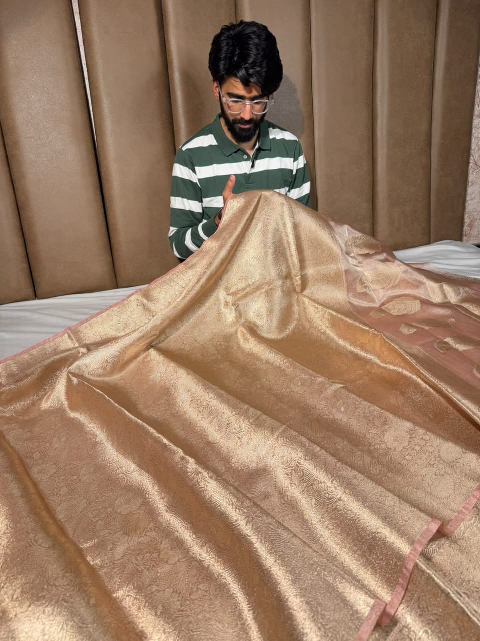 Bright Peach Brocade Tissue Silk Banarasi Saree