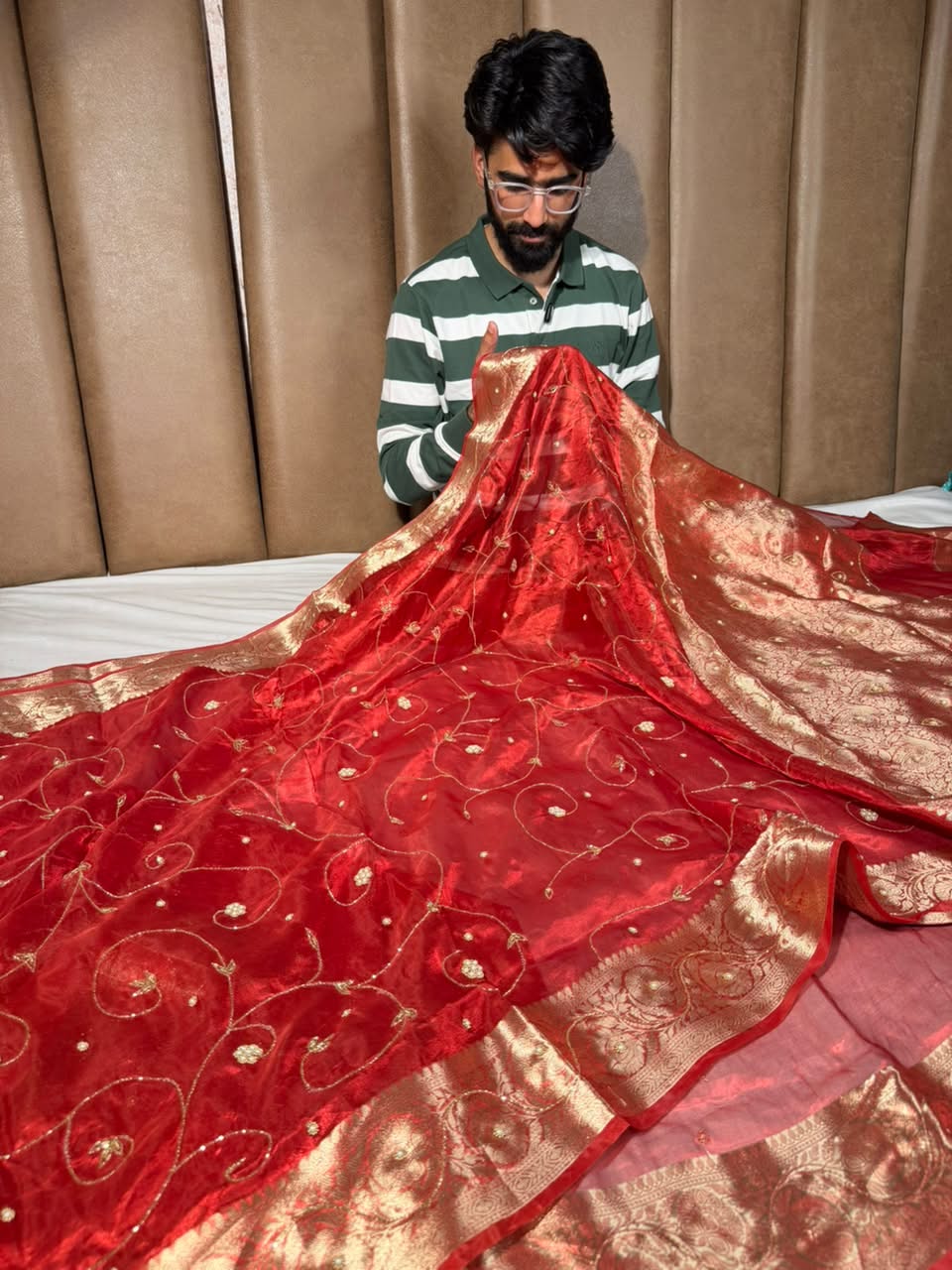 Carmine Red Pure Tissue Silk delicate Handwork Saree