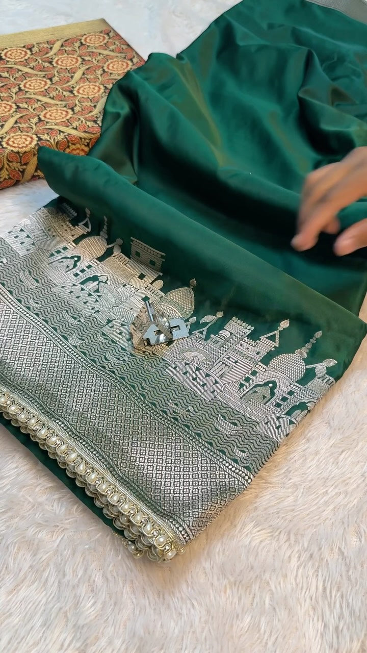 Bottle Green Shade Mashru Katan Silk Banarasi Saree In Ghats Of Banaras Weave 