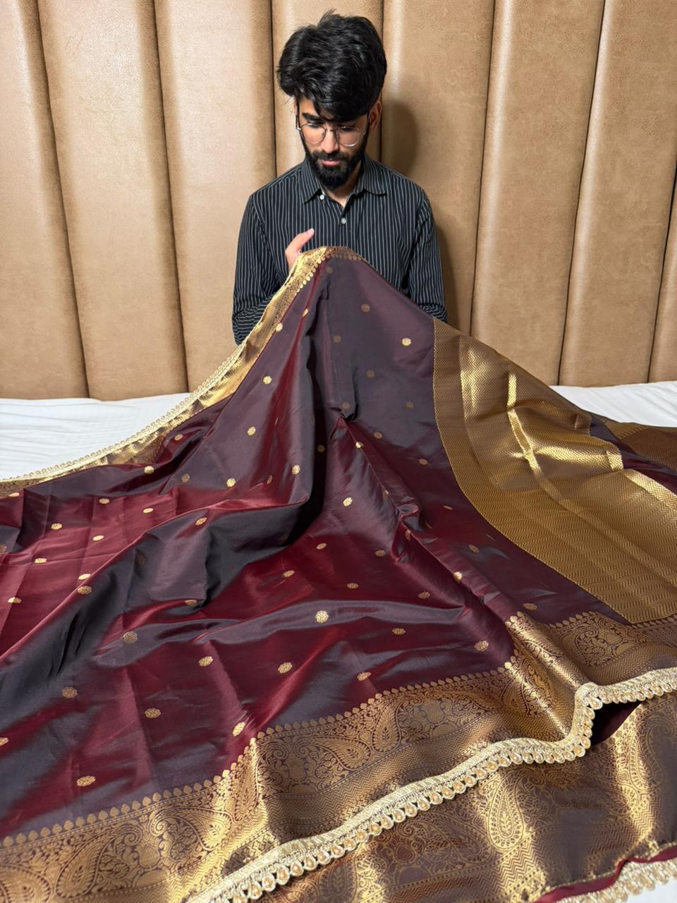 Unique Cola Shade Semi Katan Silk Banarasi Saree with Moti Lace