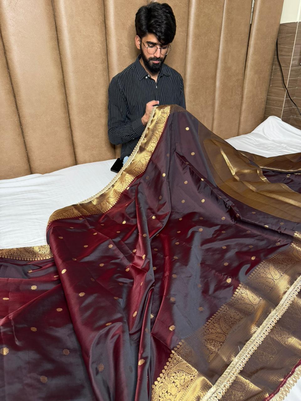 Unique Cola Shade Semi Katan Silk Banarasi Saree with Moti Lace