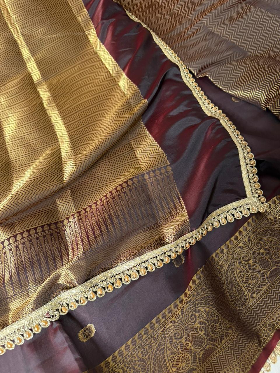 Unique Cola Shade Semi Katan Silk Banarasi Saree with Moti Lace