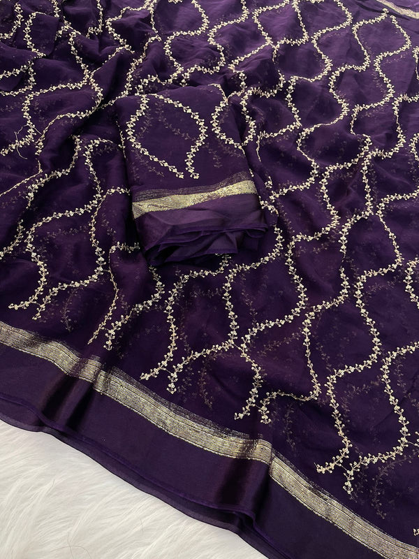 Violet Viscose Georgette Silk Thread and Sequins Work Banarasi Saree