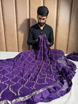 Violet Viscose Georgette Silk Thread and Sequins Work Banarasi Saree