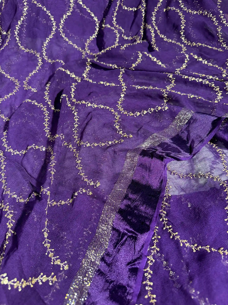 Violet Viscose Georgette Silk Thread and Sequins Work Banarasi Saree