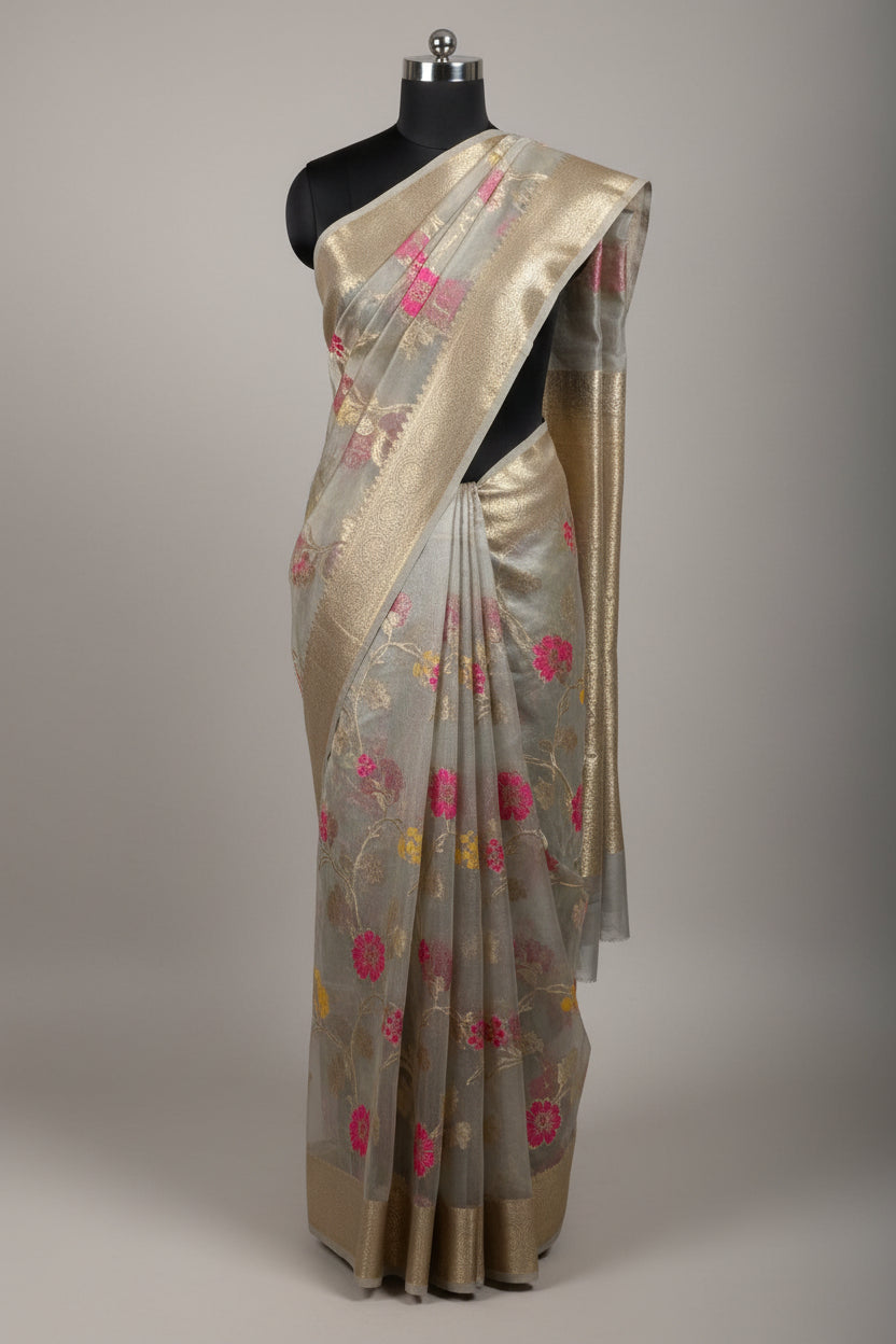 Water Zari Tissue Silk MeenaJaal Floral Pattern Banarasi Saree