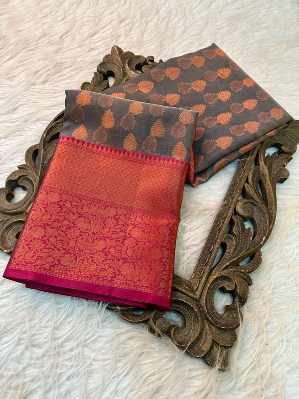 Grey Organza Silk Copper Zari Buti Banarasi Saree