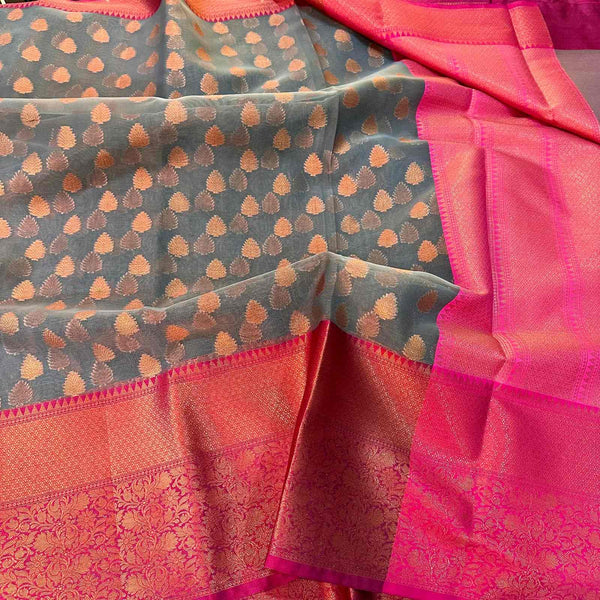 Grey Organza Silk Copper Zari Buti Banarasi Saree