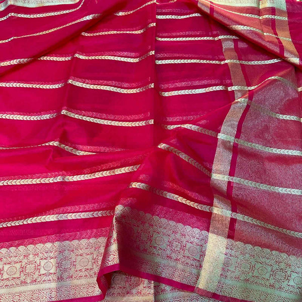 Rani Pink Organza Silk Zari Woven Stripes Banarasi Saree