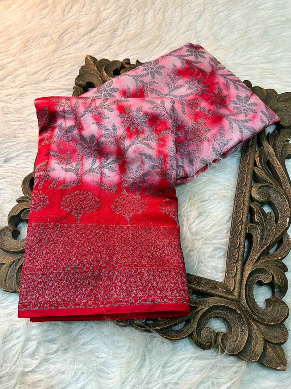 Red Shibori Dye Semi Dupion Silk Saree