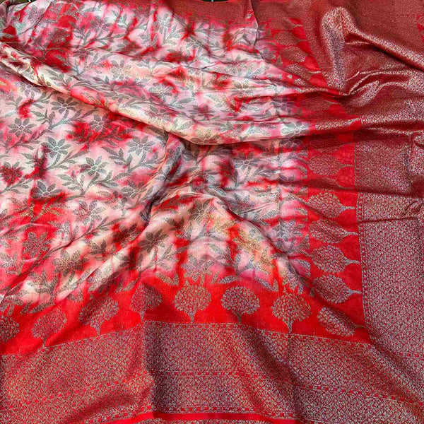 Red Shibori Dye Semi Dupion Silk Saree