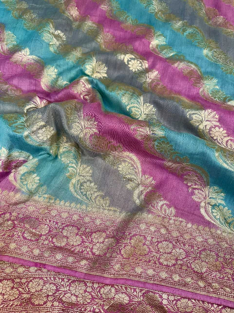 Multicolour Shade Handbrush Pure Munga Silk Saree