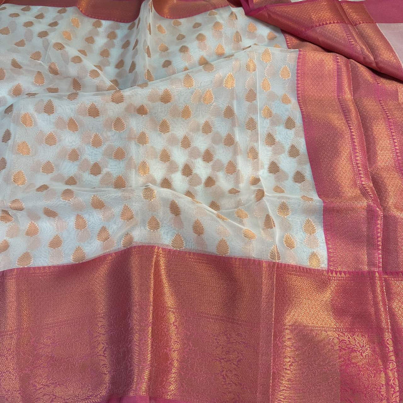 Cream Organza Traditional Copper Zari Buti Work Banarasi Saree