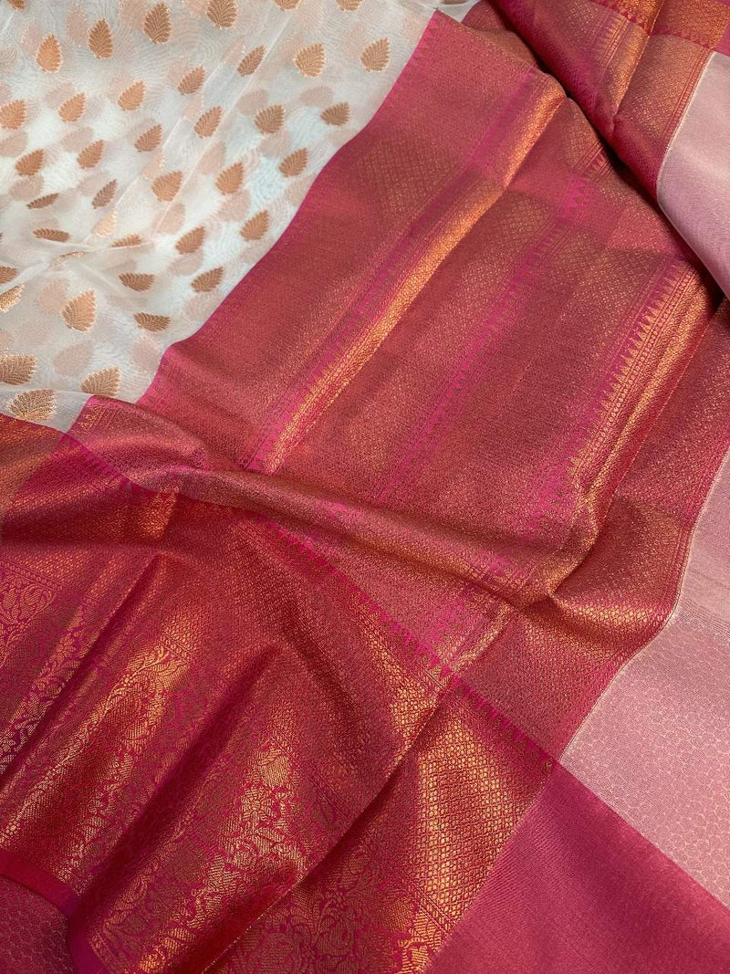 Cream Organza Traditional Copper Zari Buti Work Banarasi Saree