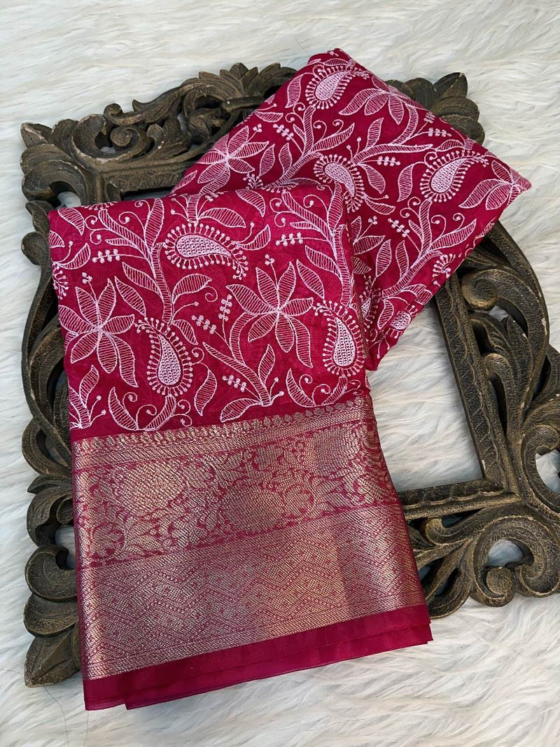 Rani Organza Silk Floral Chikankari Banarasi Saree