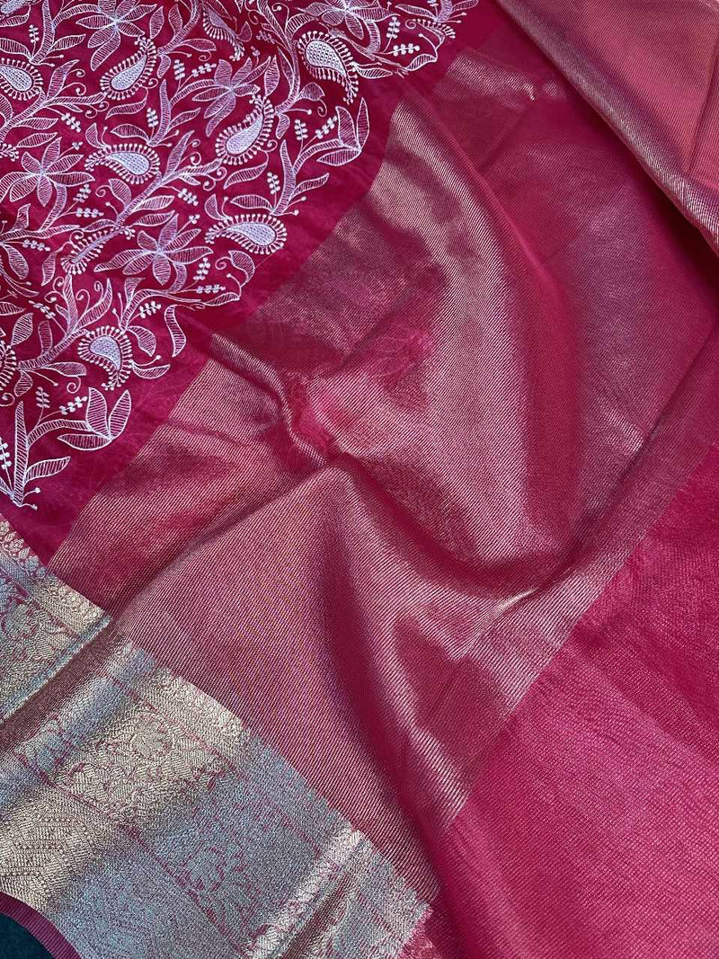 Rani Organza Silk Floral Chikankari Banarasi Saree