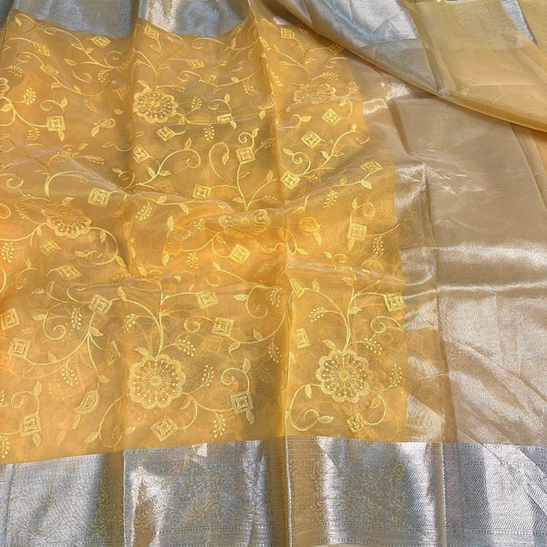 Yellow Organza Chikankari Saree