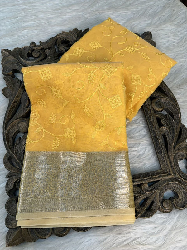 Yellow Organza Chikankari Saree