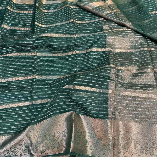 Bottle Green Organza Silk Zari Embossed  Saree