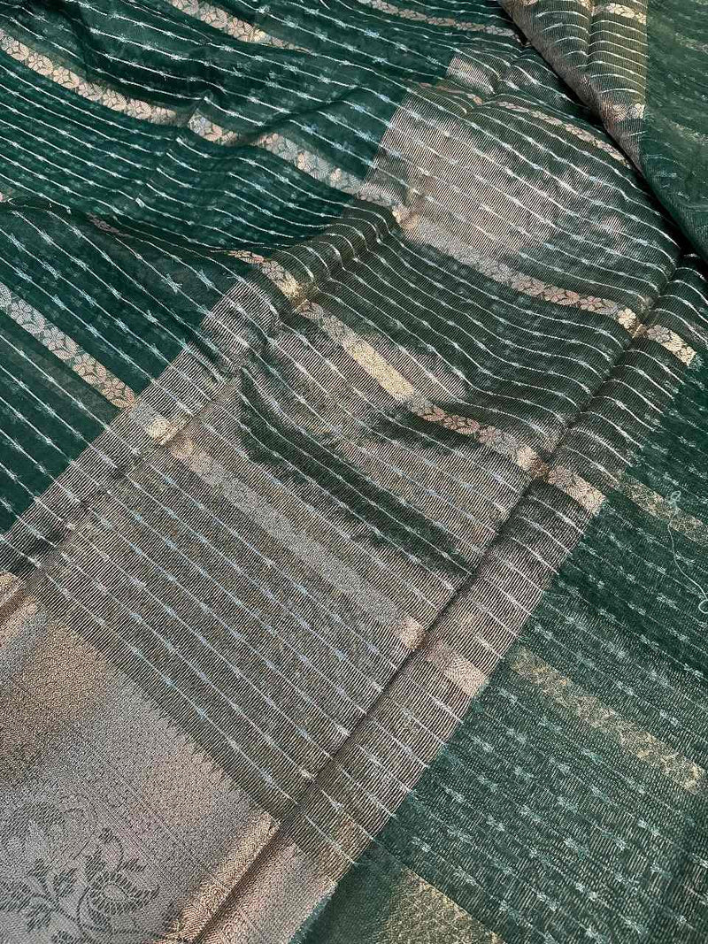 Bottle Green Organza Silk Zari Embossed  Saree