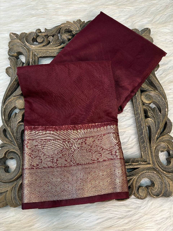 Wine Organza Silk Traditional Banarasi Saree