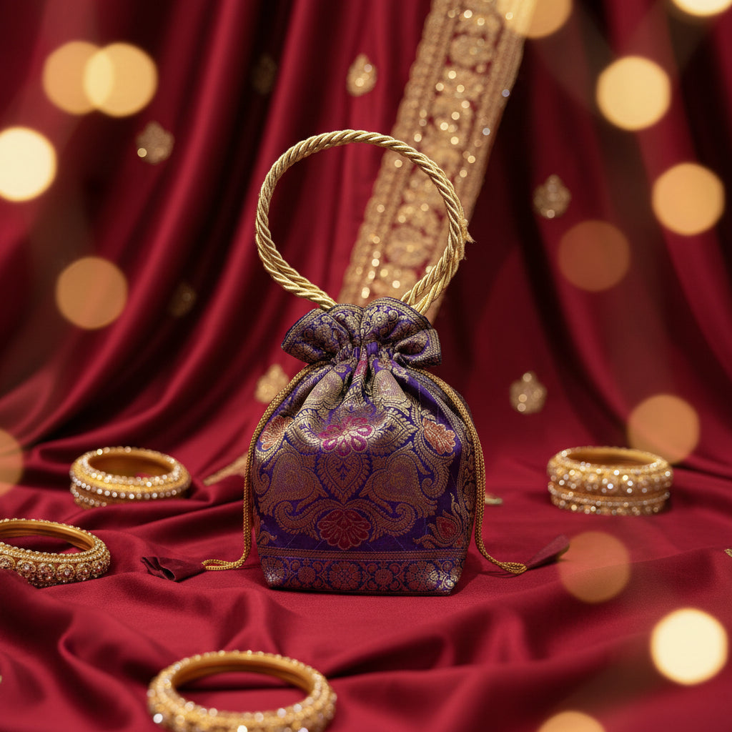 Stunning Magenta Colour Banarasi Potli Bags