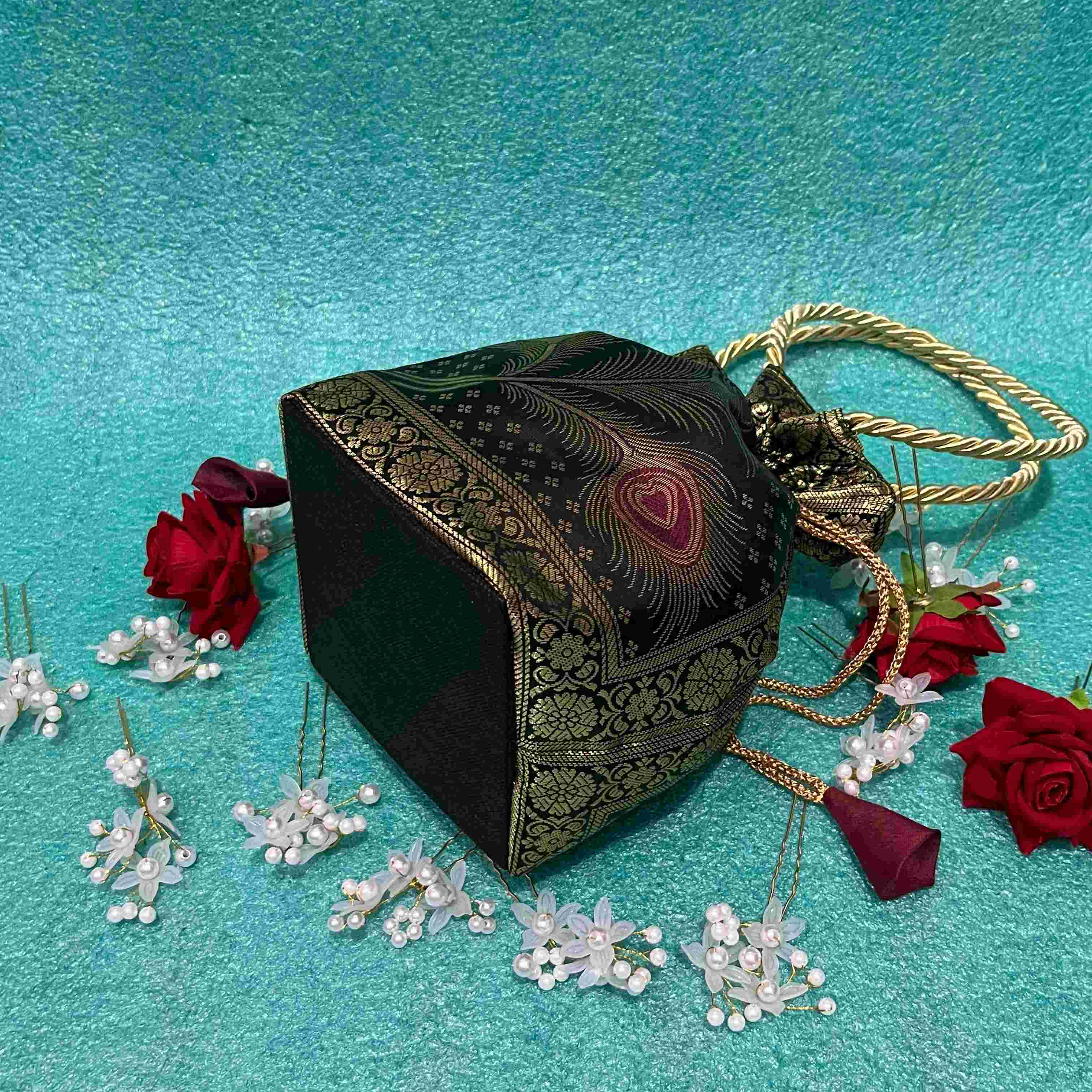 Stunning Black Colour Banarasi Potli Bags