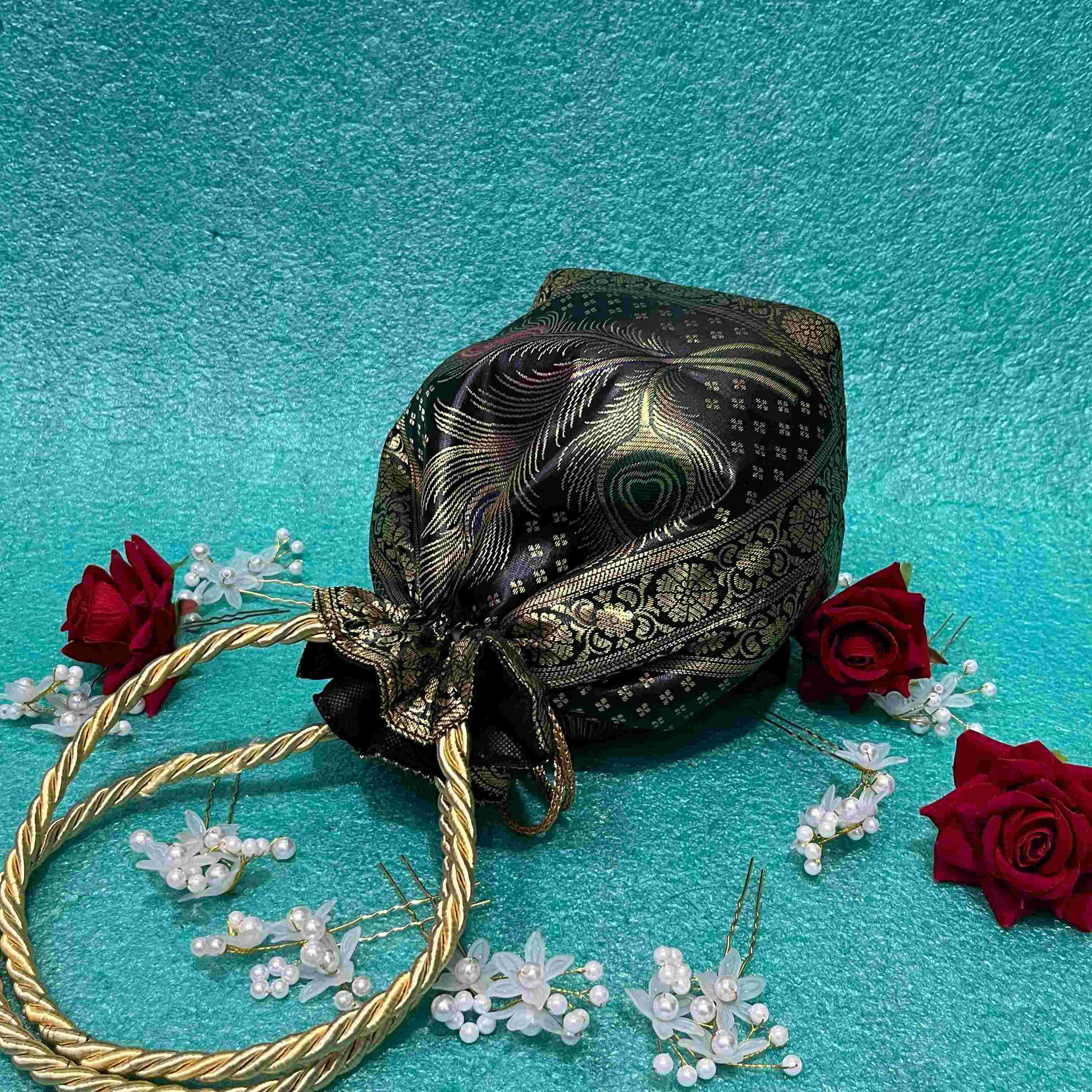 Stunning Black Colour Banarasi Potli Bags