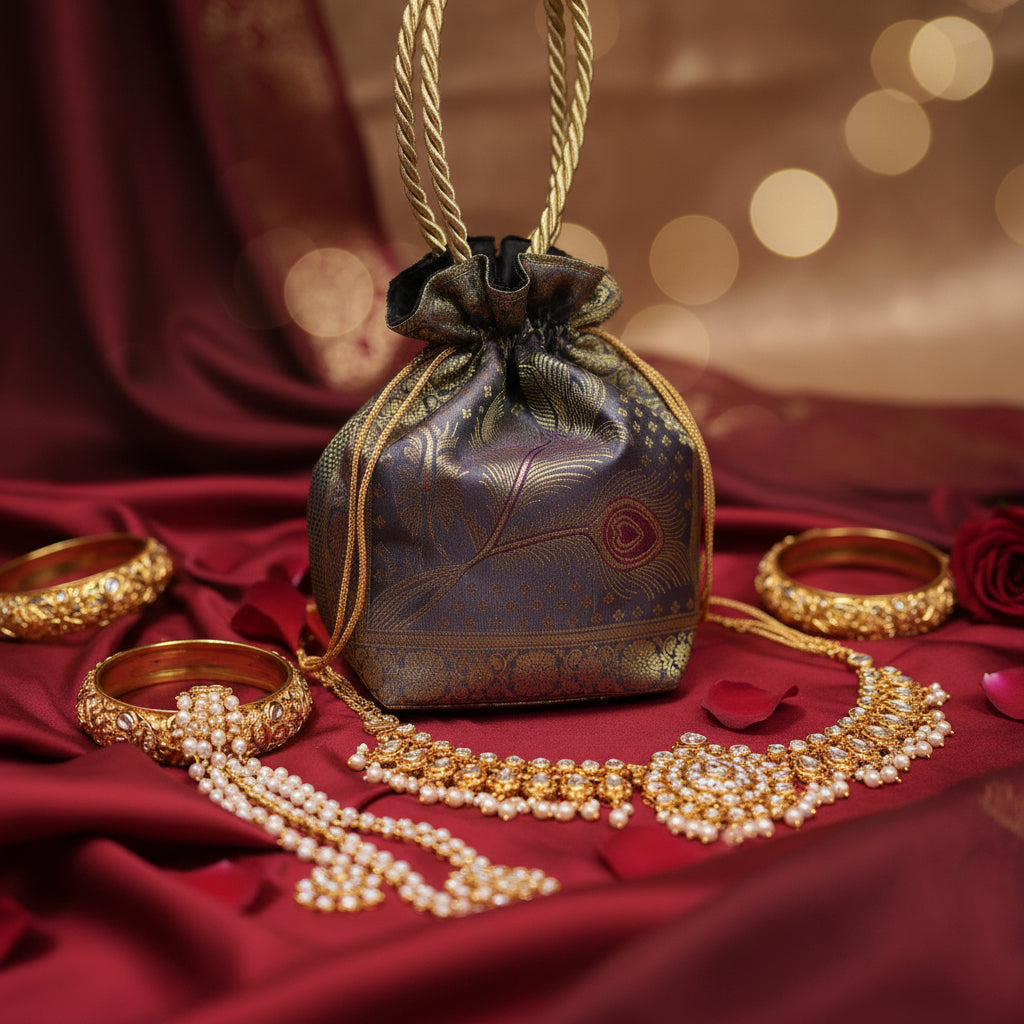 Stunning Gray Colour Banarasi Potli Bags