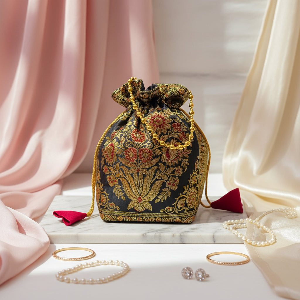 Stunning Black Color Banarasi Potli Bags