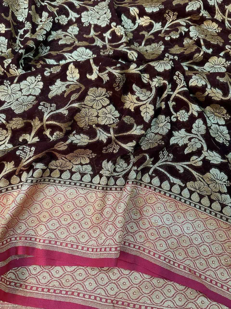 Pretty Dark Brown Pure Khaddi Georgette Saree