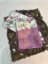 Off-White Colour Body with Purple Colour Border Soft Pattu Silk Saree