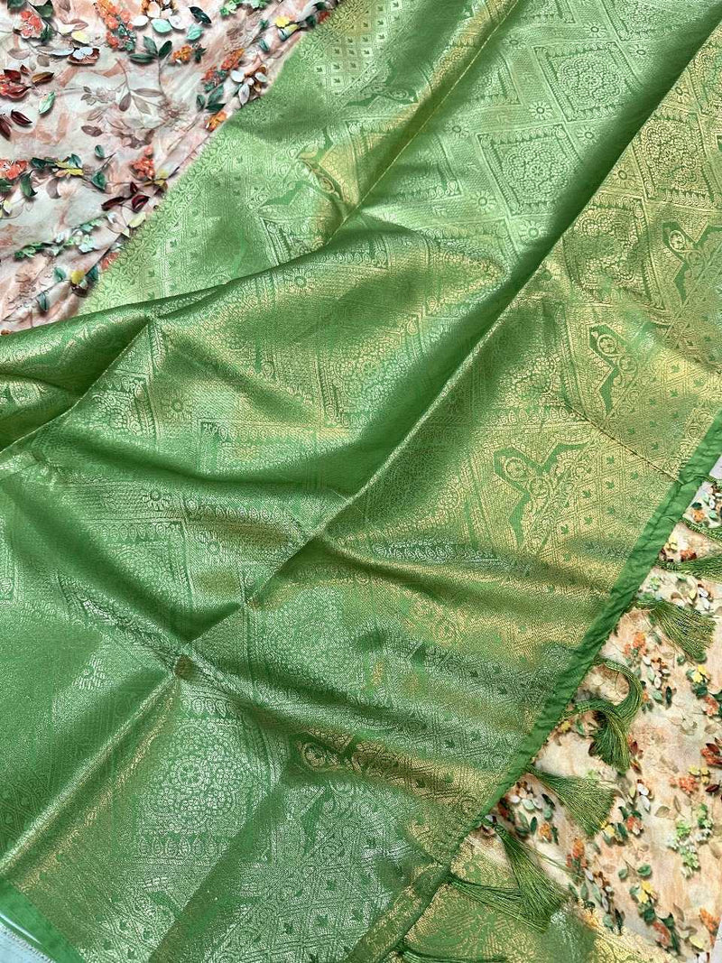Off-White Colour Body with Parrot Green Colour Soft Silk Saree
