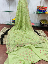 Green Colour Shade Crushed Saree with Zardosi Work - Theuseeshop