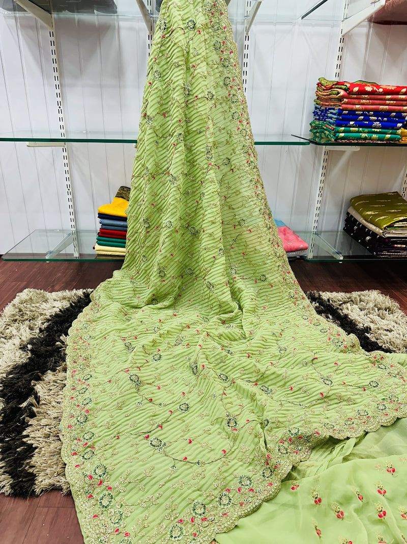 Green Colour Shade Crushed Saree with Zardosi Work - Theuseeshop