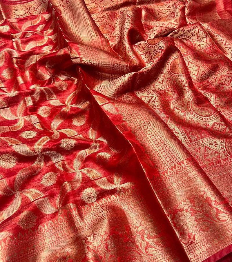 Red Colour Copper Zari Softsilk saree
