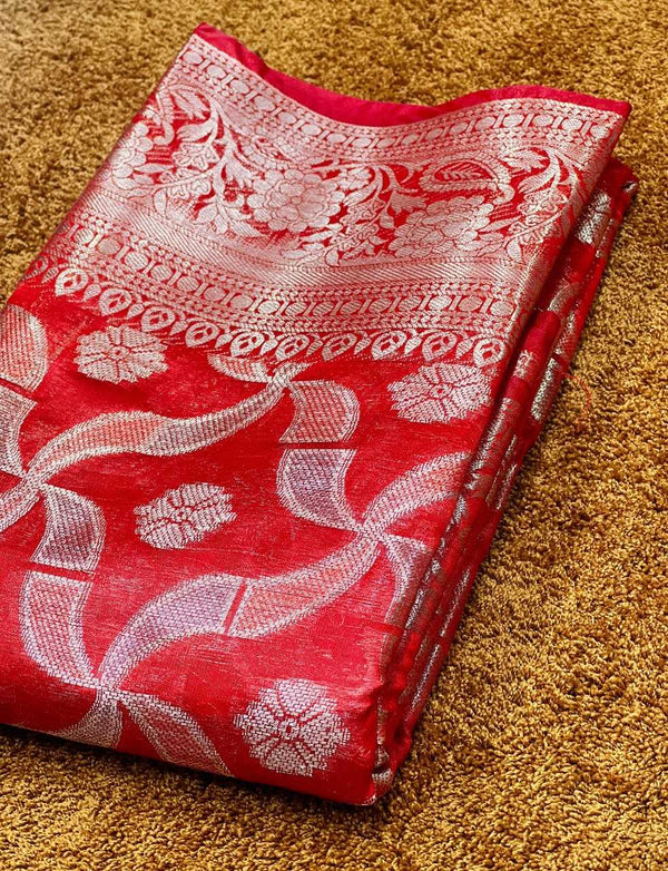 Red Colour Copper Zari Softsilk saree