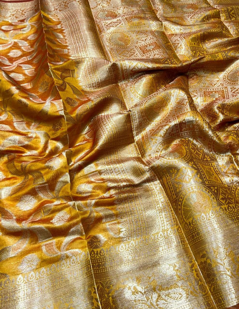 Yellow Colour Copper Zari Softsilk saree