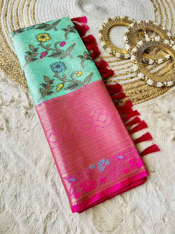 Pretty Sea Green Colour Floral Soft Tissue Silk Saree