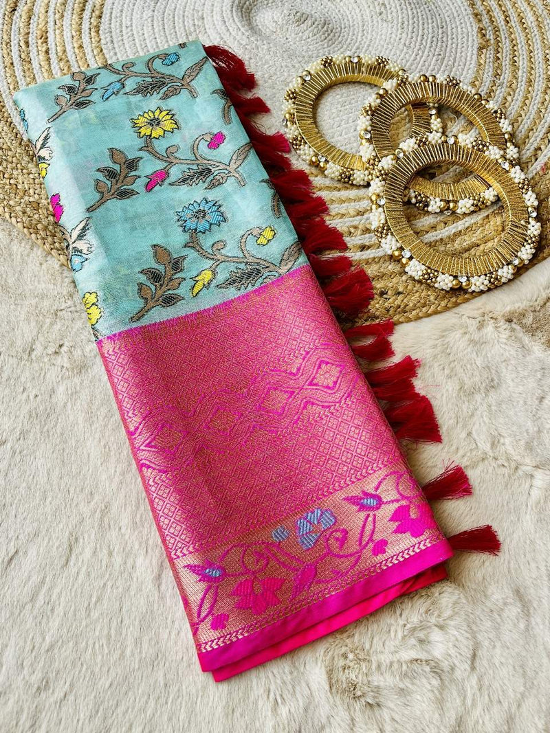 Pretty Blue Colour Floral Soft Tissue Silk Saree