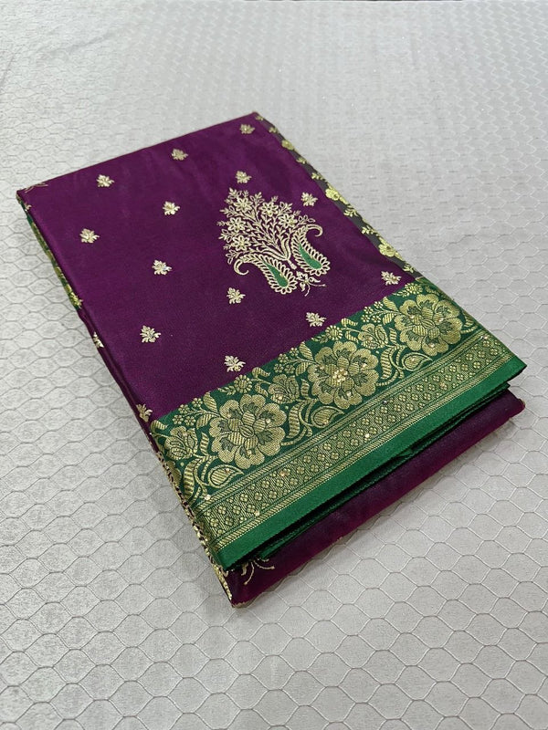 Light Purple Colour Satin Silk Embroidered saree