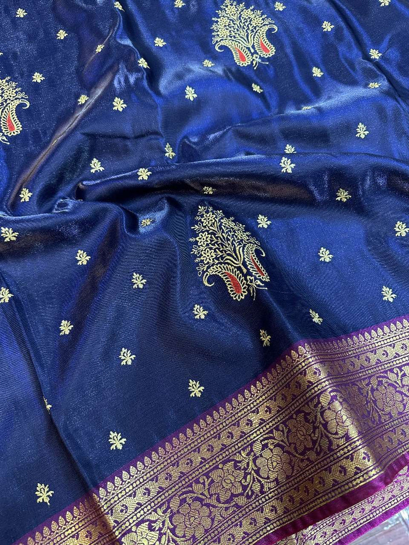 Navy Blue Colour Satin Silk Embroidered saree