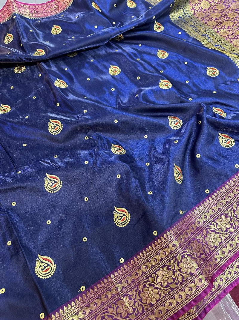 Navy Blue Satin Silk Embroidered Saree