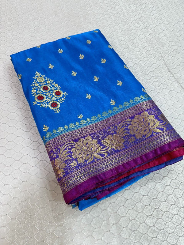 Blue Colour Satin Silk Embroidered saree
